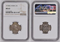 India 1918 (C) 2 Anna Graded MS 63 by NGC. Only 27 coins graded higher by NGC. KM-512