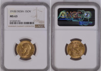India 1918 I 1 Sovereign Graded MS 63 by NGC. Only 395 coins graded higher by NGC. KM-525a

Weight is 0.2354 OZ