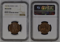 India 1927 (B) 1/4 Anna Graded MS 66 RB by NGC. Only 68 coins graded higher by NGC. KM-516