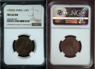 India 1935 (C) 1/4 Anna Graded MS 66 RB by NGC. Only 11 coins graded higher by NGC. KM-512