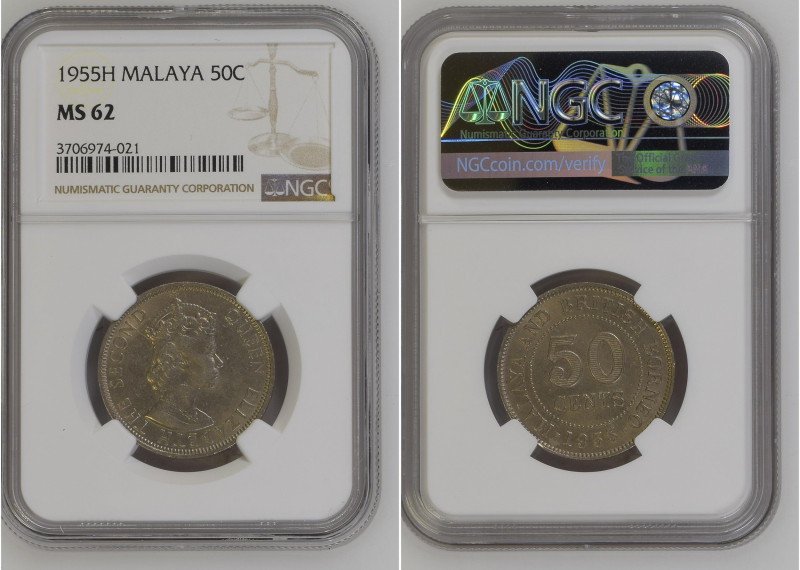 Malaya 1955 H 50 Cents Graded MS 62 by NGC. Only 97 coins graded higher by NGC. ...