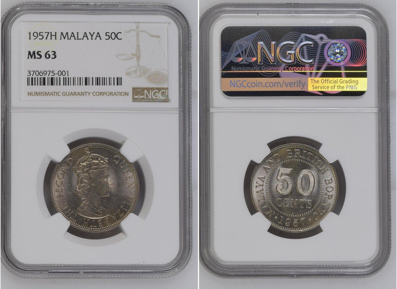 Malaya 1957 H 50 Cents Graded MS 63 by NGC. Only 80 coins graded higher by NGC.