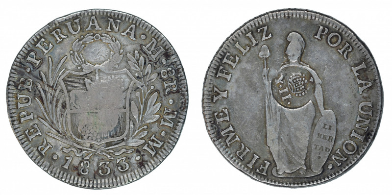 Philippines ND (1832-34), 8 Reales countermark on Peru 8 Reales 1833 from Lima.
...