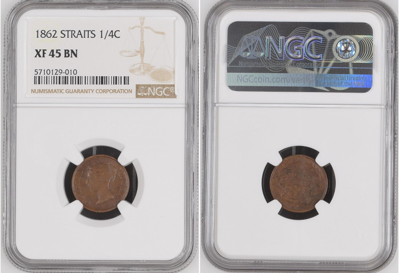 Straits Settlements 1862 1/4 Cent Graded XF 45 BN by NGC. Only 24 coins graded h...