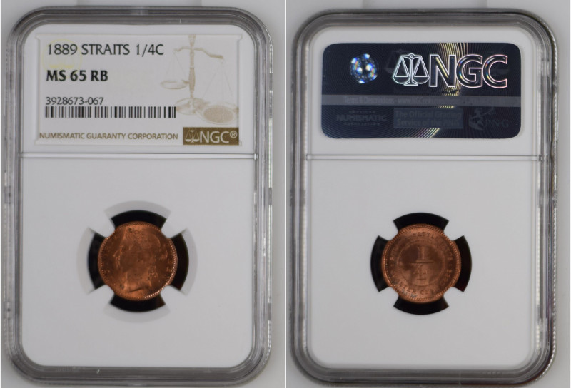 Straits Settlements 1889 1/4 Cent Graded MS 65 RB by NGC. Only 1 coins graded hi...