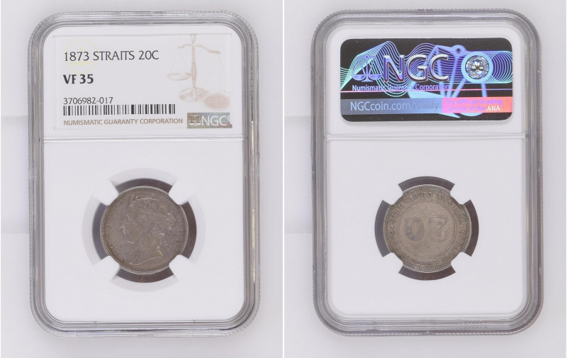 Straits Settlements 1873 20 Cents Graded VF 35 by NGC. Only 9 coins graded highe...