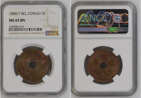 Belgian Congo 1888/7 5 CENTIMESGraded MS 65 BN by NGC. Only 4 coins graded higher by NGC. KM-3