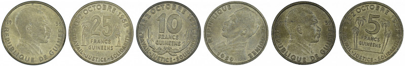 Guinea, 1958, 3 coin lot of 5, 10 and 20 Francs, all in uncirculated conditon wi...