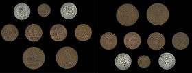 Belgium 9 coin lot

5 centimes; KM-5.1, 1848 AEF, 1850 EF

2 centimes; KM-4.2, 1862 AEF, 1865 UNC

2 centimes; KM-35.1, 1870 and 1875 UNC

1 centime; ...