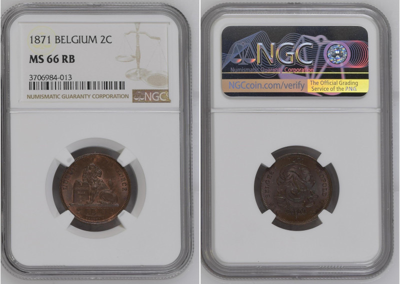 Belgium 1871 2 Centimes Graded MS 66 RB by NGC. Highest graded coin at NGC. KM-3...