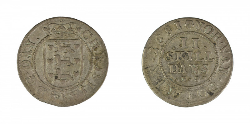 Denmark 1681 GS, 2 Skilling in Very Fine condition

H-74b