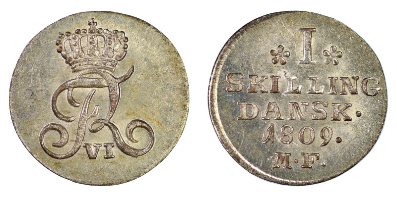 Denmark 1809MF Ag 1 Skilling (H-7) AU/UNC grade