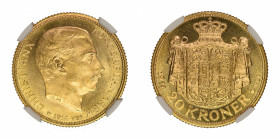 Denmark 1914 VBP AH 20 Kroner

Graded MS 66 by NGC. Highest graded coin at NGC.

KM-817.1

0.2593 oz net