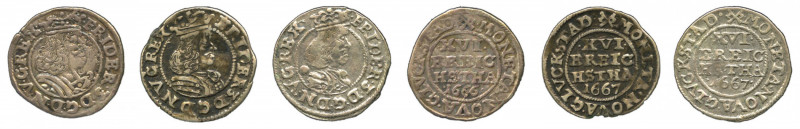 Denmark, Gluckstadt, 3 coin lot of 3 Skillings, 1666 and 1667 (2x) in Very Fine ...