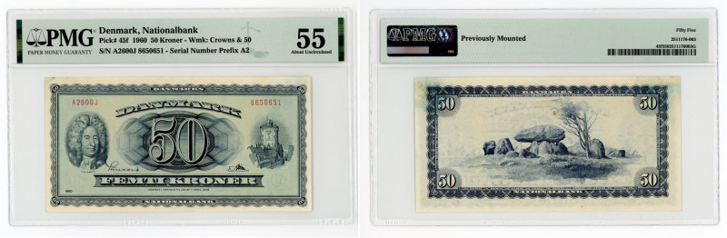 Denmark 1960 50 Kroner, graded About Uncirculated 55 by PMG. A very vivid bankno...