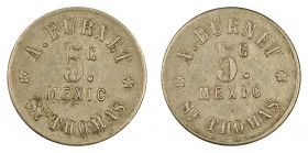 Danish West Indies (c.1890) Cu-Ni 5 Cents, A.Burnet Token issue for the Virgin Islands, EF grade (Higgie:405) scarce