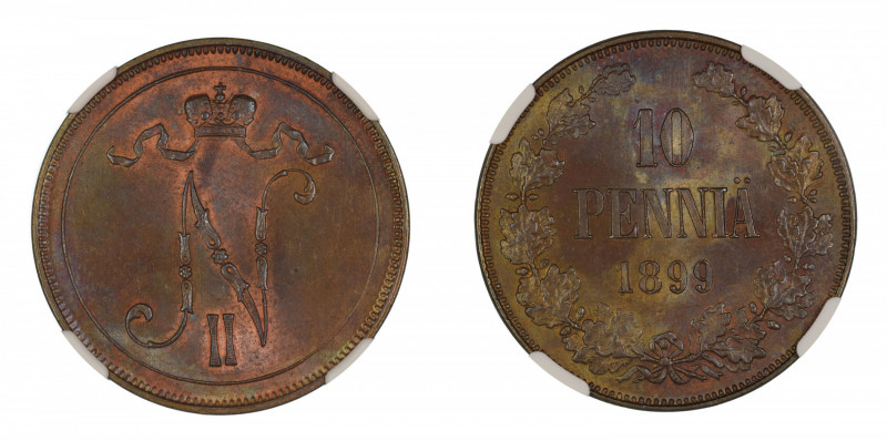 Finland 1899, 10 Pennia. Graded MS 63 Brown by NGC - only two coins graded highe...