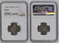France (1710) 1/10 Ecu Graded AU 58 by NGC. Only 1 coins graded higher by NGC. KM-379.25