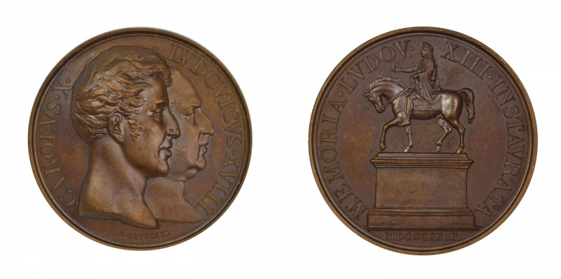 France 1829, bronze medal Charles X and Louis XIII, Gatteaux, 

Equestrian statu...
