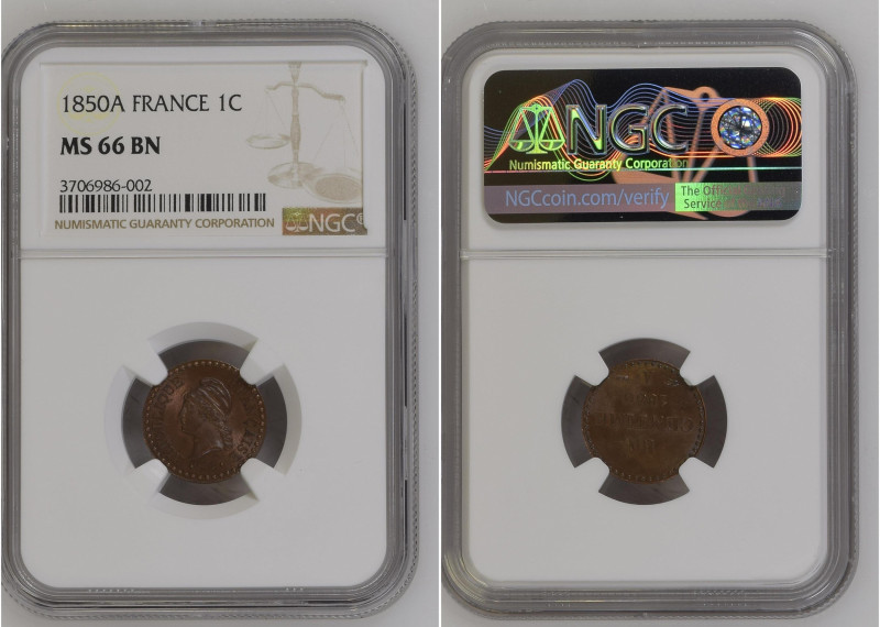 France 1850 A 1Centime Graded MS 66 BN by NGC. Highest graded coin at NGC. KM 75...