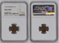 France 1910 1 Centime Graded MS 64 BN by NGC. Highest graded coin at NGC. KM-840