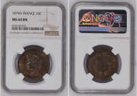 France 1874 A 10 Centimes Graded MS 64 BN by NGC. Only 2 coins graded higher by NGC. KM-815.1
