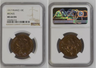 France 1917 10 Centimes Bronze Graded MS 66 BN by NGC. Highest graded coin at NGC. KM-843