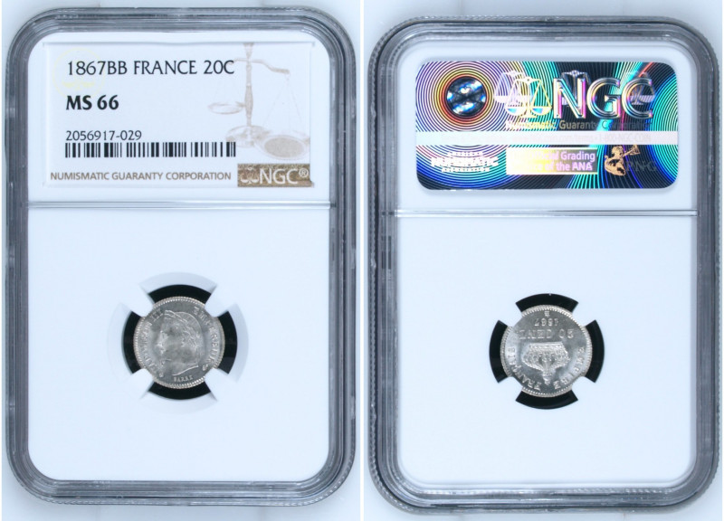 France 1867 BB 20 Centimes Graded MS 66 by NGC. Only 29 coins graded higher by N...