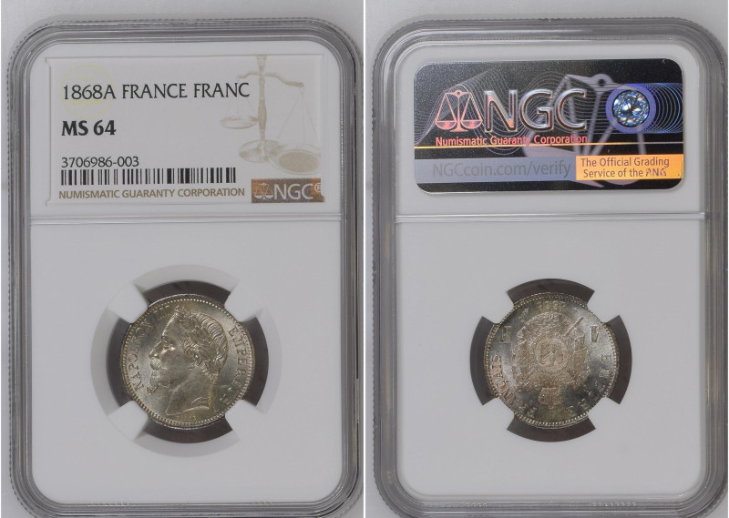 France 1868 A FRANC Graded MS 64 by NGC. Only 19 coins graded higher by NGC. KM-...