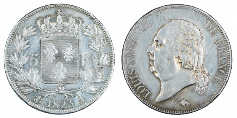 France, 1823 (A), 5 Francs, in EF-AU condition

KM-711.1