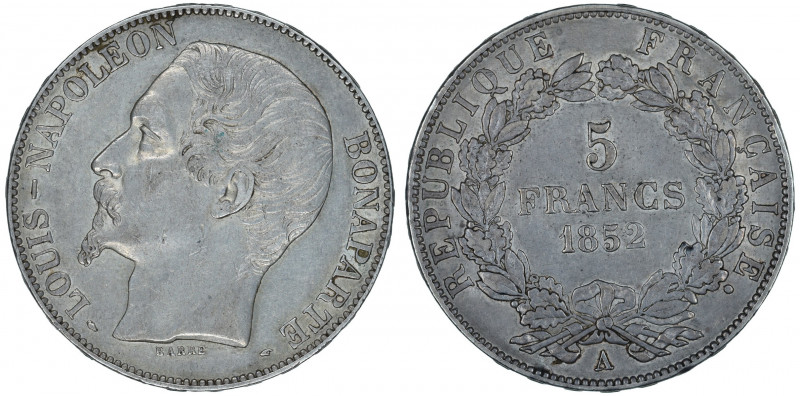 France, 1852 (A), 5 Francs, in VF-EF conditions

KM-773.1