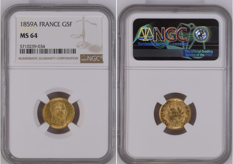 France 1859 A G 5 FRANCS Graded MS 64 by NGC. Only 2 coins graded higher by NGC....