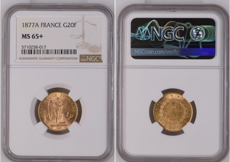 France 1877 A G 20 FRANCS Graded MS 65+ by NGC. Only 5 coins graded higher by NG...