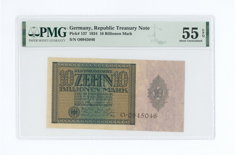 Germany, Reichsbanknote, 1924, 10 Billionen Mark, Pick# 137. 

German inflationa...