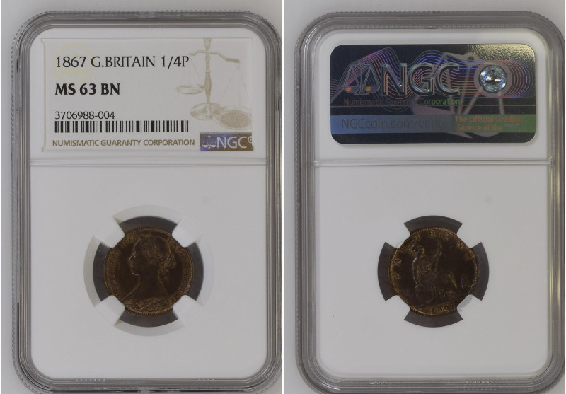 Great Britain 1867 1/4 Penny Graded MS 63 BN by NGC. Only 7 coins graded higher ...