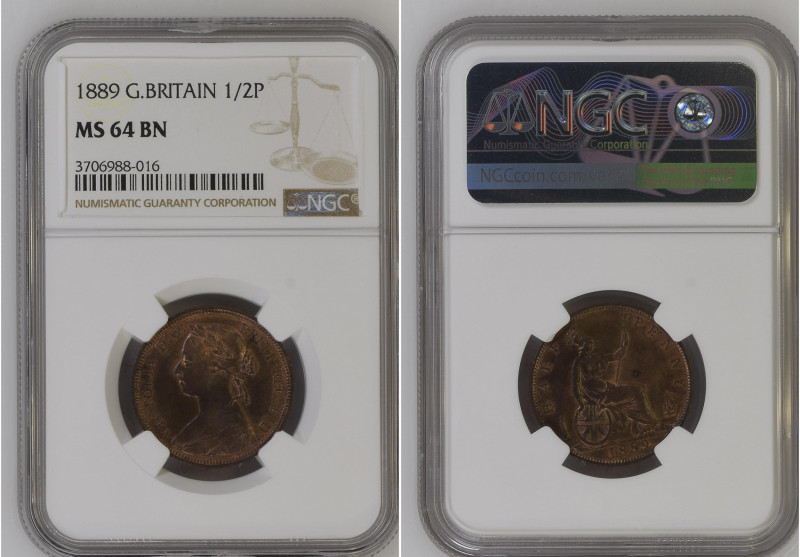 Great Britain 1889 1/2 Penny Graded MS 64 BN by NGC. Only 6 coins graded higher ...