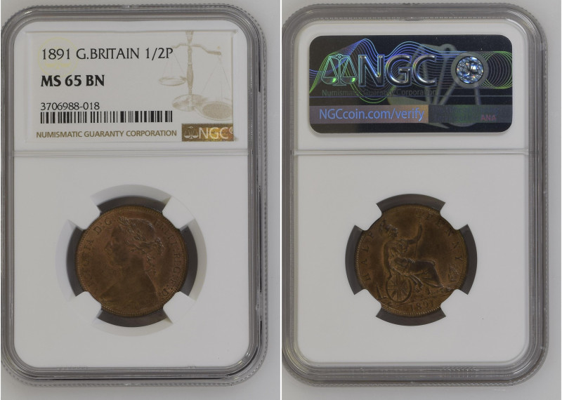 Great Britain 1891 1/2 Penny Graded MS 65 BN by NGC. Highest graded coin at NGC....