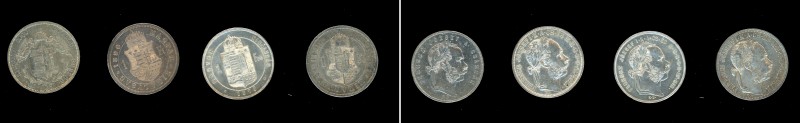 Hungary, 4 coin lot of 1869-90 Forints with some cleaning

1869 KB, KM-449.1
...