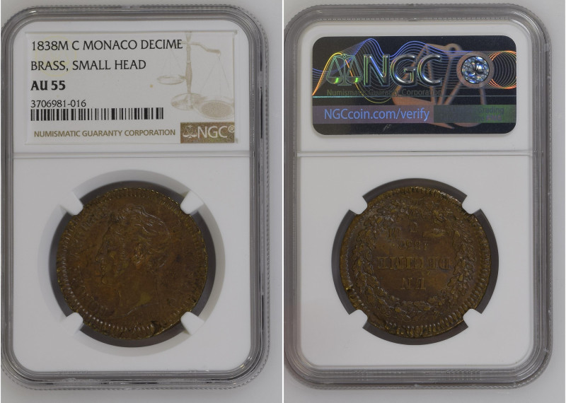 Monaco 1838 M C DECIME Brass, Small Head Graded AU 55 by NGC. Highest graded coi...