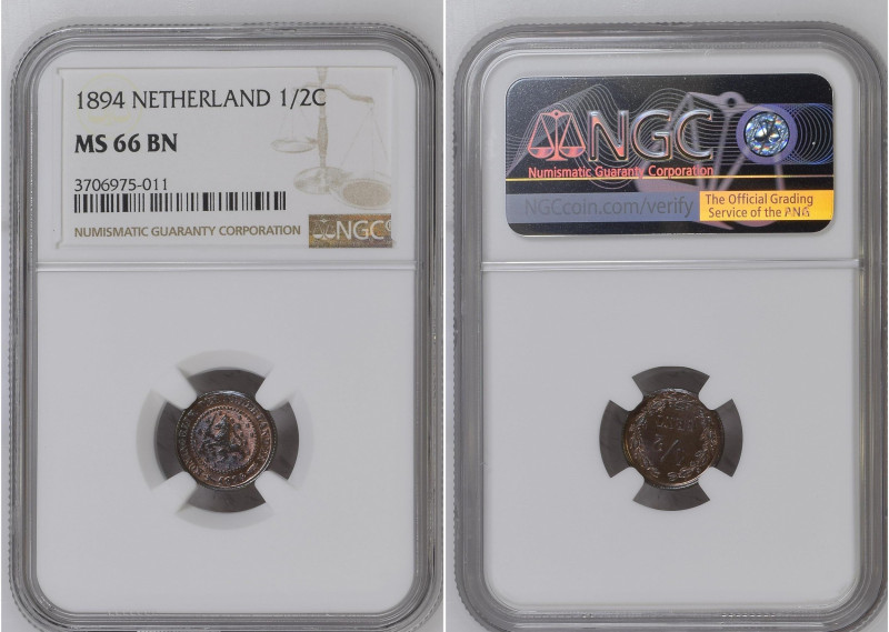 Netherlands 1894 1/2 Cent Graded MS 66 BN by NGC. Highest graded coin at NGC. KM...