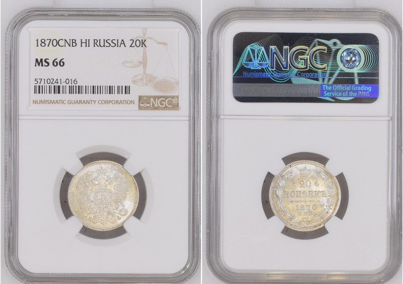 Russia 1870 CNB HI 20 Kopecks Graded MS 66 by NGC. Only 3 coins graded higher by...