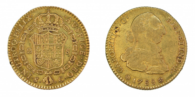 Spain Seville, 1788 (SC), 2 Escudos, in AEF condition

KM-417.1a