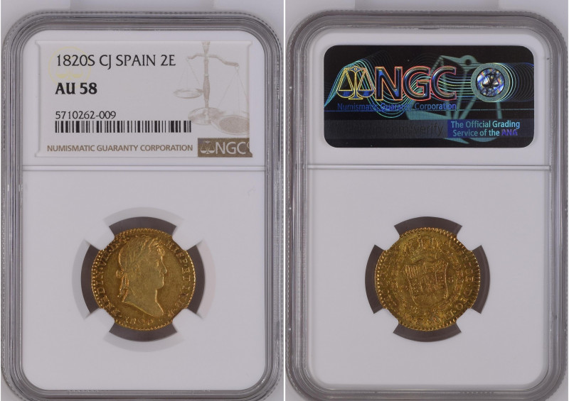 Spain 1820 S CJ 2 ESCUDOS Graded AU 58 by NGC. Highest graded coin at NGC. KM-48...