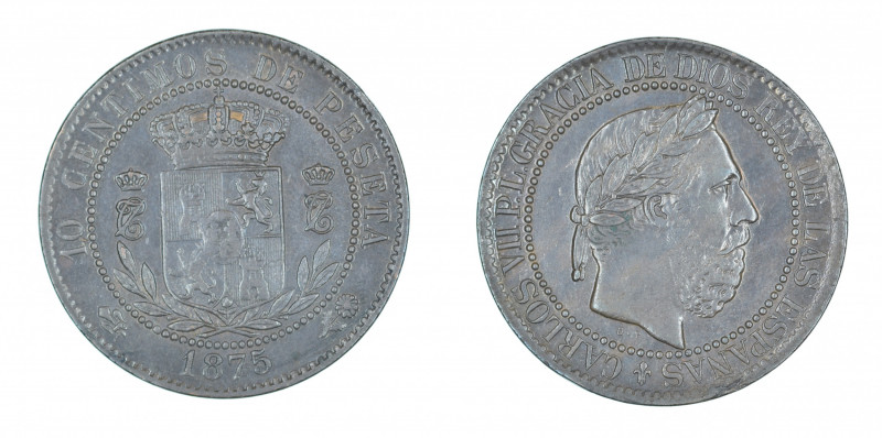 Spain, 1875 (B), 10 Centimos, Carlos VII Pretender, in EF-AU condition

KM-670