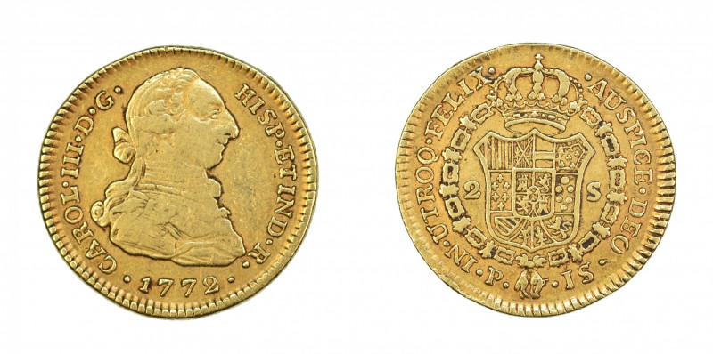 Spanish Colonial, Colombia 1772 P JS, 2 Escudos in Very Fine condition

KM-49.2
...