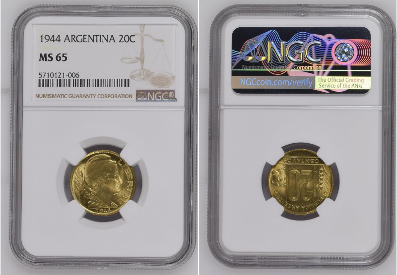 Argentina 1944 20 Centavos Graded MS 65 by NGC. Highest graded coin at NGC. KM-4...