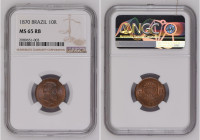 Brazil 1870 10 Reis Graded MS 65 RB by NGC. Highest graded coin at NGC. KM-473