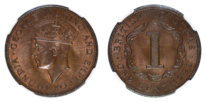 British Honduras 1939 Cu 1 Cent, George VI, NGC Graded MS 65 Brown,

 (KM: 21)