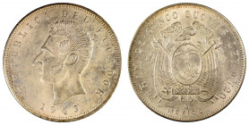 Ecuador 1943 Mo (Mexico mint) silver 5 Sucres, AU with some mottling to surfaces (KM:79)