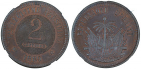 Haiti 1889 2 Cent Copper Pattern Graded MS 65 BN by NGC. Only 1 coins graded higher by NGC.